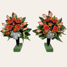 Load image into Gallery viewer, Orange Rose & Calla Lily Memorial Decoration set: includes 1 headstone saddle & 2 cemetery cones