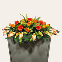 Load image into Gallery viewer, Orange Rose & Calla Lily Memorial Decoration set: includes 1 headstone saddle & 2 cemetery cones