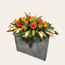 Load image into Gallery viewer, Orange Rose & Calla Lily Memorial Decoration set: includes 1 headstone saddle & 2 cemetery cones