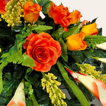 Load image into Gallery viewer, Orange Rose & Calla Lily Memorial Decoration set: includes 1 headstone saddle & 2 cemetery cones