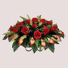 Load image into Gallery viewer, Red Rose & Calla Lily Memorial Decoration set: includes 1 headstone saddle & 2 cemetery cones