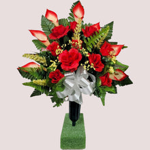 Load image into Gallery viewer, Red Rose & Calla Lily Memorial Decoration set: includes 1 headstone saddle & 2 cemetery cones