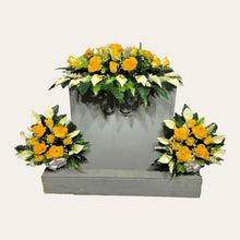 Load image into Gallery viewer, Yellow Rose & Calla Lily Memorial Decoration set: includes 1 headstone saddle & 2 cemetery cones