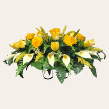 Load image into Gallery viewer, Yellow Rose & Calla Lily Memorial Decoration set: includes 1 headstone saddle & 2 cemetery cones
