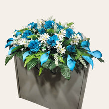 Load image into Gallery viewer, Turquoise Rose & Calla Lily Memorial Decoration set with White Tweedia Filler: includes 1 headstone saddle & 2 cemetery cones