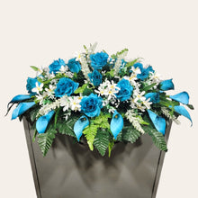 Load image into Gallery viewer, Turquoise Rose & Calla Lily Memorial Decoration set with White Tweedia Filler: includes 1 headstone saddle & 2 cemetery cones