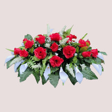 Load image into Gallery viewer, Red Rose & White Calla Lily Memorial Decoration set: includes 1 headstone saddle & 2 cemetery cones