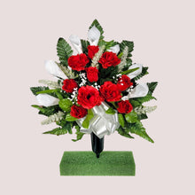 Load image into Gallery viewer, Red Rose & White Calla Lily Memorial Decoration set: includes 1 headstone saddle & 2 cemetery cones