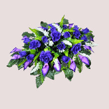 Load image into Gallery viewer, Purple Rose & Calla Lily Memorial Decoration set: includes 1 headstone saddle & 1 cemetery cone