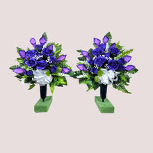 Load image into Gallery viewer, Purple Rose & Calla Lily Memorial Decoration set: includes 1 headstone saddle & 2 cemetery cone