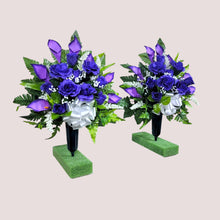 Load image into Gallery viewer, Purple Rose & Calla Lily Memorial Decoration set: includes 1 headstone saddle & 2 cemetery cone