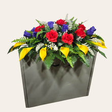 Load image into Gallery viewer, Red Yellow and Purple Rose & Calla Lily Memorial Decoration set: includes 1 headstone saddle & 1 cemetery cone