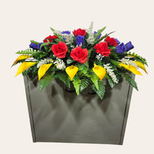 Load image into Gallery viewer, Red Yellow and Purple Rose & Calla Lily Memorial Decoration set: includes 1 headstone saddle & 1 cemetery cone