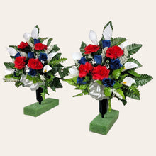 Load image into Gallery viewer, Red White and Blue Rose & Calla Lily Memorial Decoration set: includes 1 headstone saddle & 2 cemetery cones