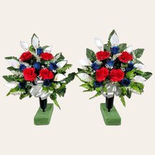 Load image into Gallery viewer, Red White and Blue Rose & Calla Lily Memorial Decoration set: includes 1 headstone saddle & 2 cemetery cones