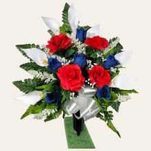 Load image into Gallery viewer, Red White and Blue Rose and Calla Lily Memorial Decorations: Includes 2 Cemetery Cones