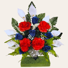 Load image into Gallery viewer, Red White and Blue Rose and Calla Lily Memorial Decorations: Includes 2 Cemetery Cones