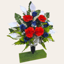 Load image into Gallery viewer, Red White and Blue Rose and Calla Lily Memorial Decorations: Includes 2 Cemetery Cones
