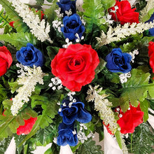 Load image into Gallery viewer, Red White and Blue Rose & Calla Lily Memorial Decoration set: includes 1 headstone saddle & 2 cemetery cones