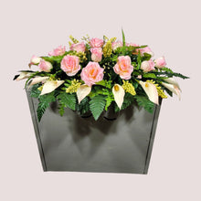 Load image into Gallery viewer, Cream Pink Rose & Calla Lily Memorial Decoration set: includes 1 headstone saddle & 2 cemetery cones