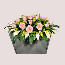 Load image into Gallery viewer, Cream Pink Rose & Calla Lily Memorial Decoration set: includes 1 headstone saddle & 2 cemetery cones