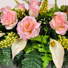 Load image into Gallery viewer, Cream Pink Rose and Calla Lily Headstone Saddle Memorial Decoration