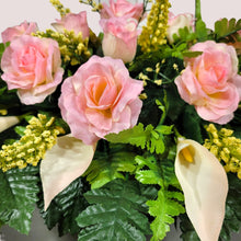 Load image into Gallery viewer, Cream Pink Rose & Calla Lily Memorial Decoration set: includes 1 headstone saddle & 2 cemetery cones