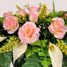 Load image into Gallery viewer, Cream Pink Rose and Calla Lily Headstone Saddle Memorial Decoration