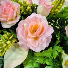 Load image into Gallery viewer, Cream Pink Rose & Calla Lily Memorial Decoration set: includes 1 headstone saddle & 2 cemetery cones