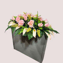 Load image into Gallery viewer, Cream Pink Rose & Calla Lily Memorial Decoration set: includes 1 headstone saddle & 2 cemetery cones