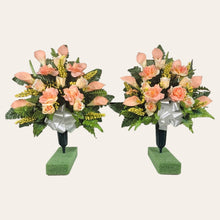 Load image into Gallery viewer, Peach Rose & Calla Lily Memorial Decoration set: includes 1 headstone saddle & 2 cemetery cones