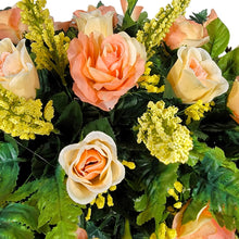 Load image into Gallery viewer, Peach Rose & Calla Lily Memorial Decoration set: includes 1 headstone saddle & 1 cemetery cone