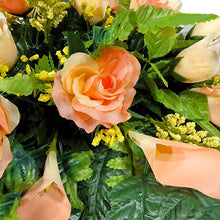 Load image into Gallery viewer, Peach Rose & Calla Lily Memorial Decoration set: includes 1 headstone saddle & 1 cemetery cone