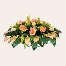Load image into Gallery viewer, Peach Rose & Calla Lily Memorial Decoration set: includes 1 headstone saddle & 1 cemetery cone
