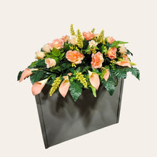 Load image into Gallery viewer, Peach Rose & Calla Lily Memorial Decoration set: includes 1 headstone saddle & 1 cemetery cone