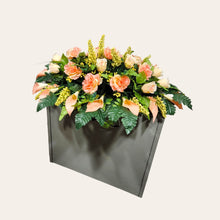 Load image into Gallery viewer, Peach Rose & Calla Lily Memorial Decoration set: includes 1 headstone saddle & 1 cemetery cone