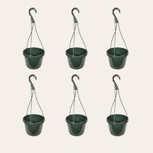 Load image into Gallery viewer, This is a set of 6 8" green plastic hanging baskets with a removable handle.