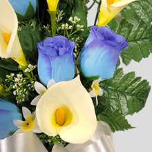 Load image into Gallery viewer, Blue Rosebud and Cream Calla Lily Memorial Decorations: Includes 2 Cemetery Cones