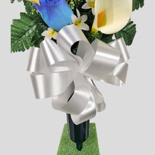 Load image into Gallery viewer, Blue Rosebud and Cream Calla Lily Memorial Decoration set: includes 1 headstone saddle & 2 cemetery cones