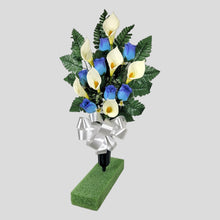 Load image into Gallery viewer, Blue Rosebud and Cream Calla Lily Cemetery Cone Memorial Decoration