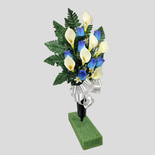 Load image into Gallery viewer, Blue Rosebud and Cream Calla Lily Memorial Decorations: Includes 2 Cemetery Cones
