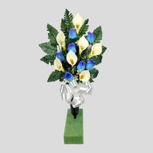 Load image into Gallery viewer, Blue Rosebud and Cream Calla Lily Cemetery Cone Memorial Decoration