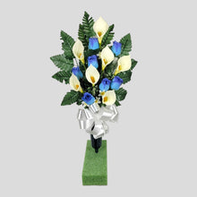 Load image into Gallery viewer, Blue Rosebud and Cream Calla Lily Memorial Decorations: Includes 2 Cemetery Cones