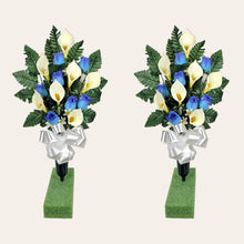 Load image into Gallery viewer, Blue Rosebud and Cream Calla Lily Memorial Decoration set: includes 1 headstone saddle & 2 cemetery cones