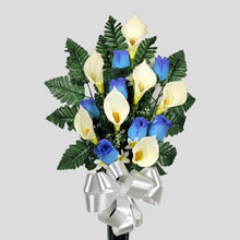 Load image into Gallery viewer, Blue Rosebud and Cream Calla Lily Cemetery Cone Memorial Decoration