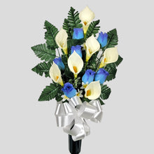 Load image into Gallery viewer, Blue Rosebud and Cream Calla Lily Memorial Decorations: Includes 2 Cemetery Cones