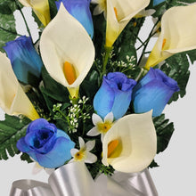 Load image into Gallery viewer, Blue Rosebud and Cream Calla Lily Memorial Decorations: Includes 2 Cemetery Cones