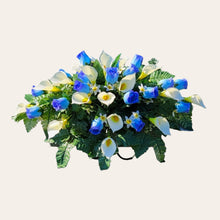Load image into Gallery viewer, Blue Rosebud and Cream Calla Lily Memorial Decoration set: includes 1 headstone saddle & 2 cemetery cones