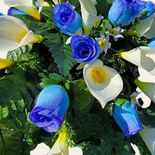 Load image into Gallery viewer, Blue Rosebud and Cream Calla Lily Memorial Decoration set: includes 1 headstone saddle & 2 cemetery cones