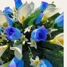 Load image into Gallery viewer, Blue Rosebud and Cream Calla Lily Memorial Decoration set: includes 1 headstone saddle & 2 cemetery cones